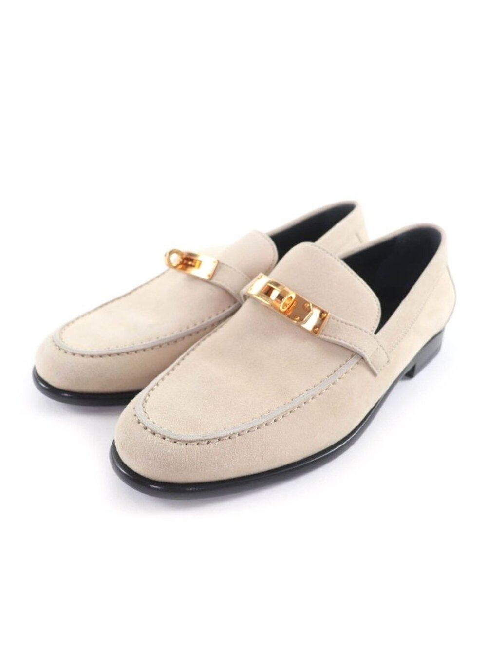 Hermes Destin Pink Gold Kelly Suede Leather Moccasins Beige
